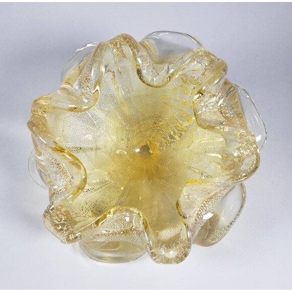 Small Ruffled 6 Lobed Golden Cased Art Glass Bowl with Silver Aventurine Flecks - Picture 1 of 10